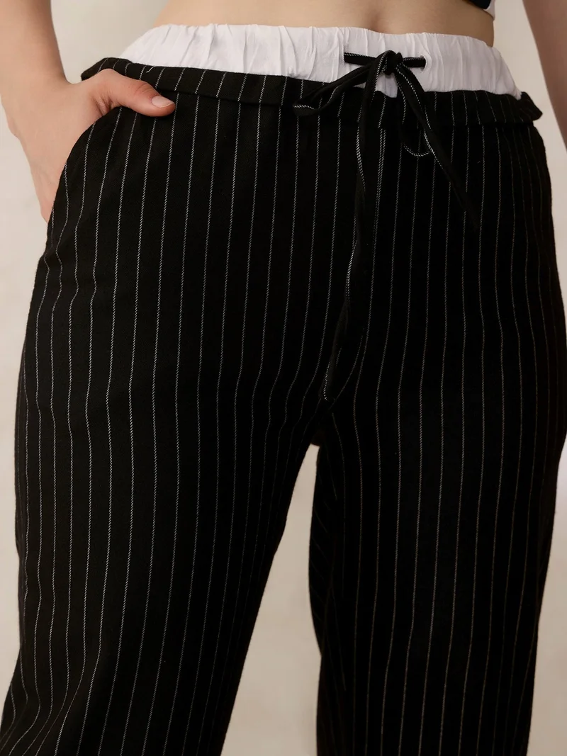 Outzidr  Black Double Waist Band Stripe Trouser for Women | Best Price UAE